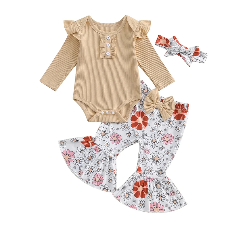 Baby Girls Floral Outfits Long Sleeve Romper Bow Flare Pants Headband Set Newborn Clothes