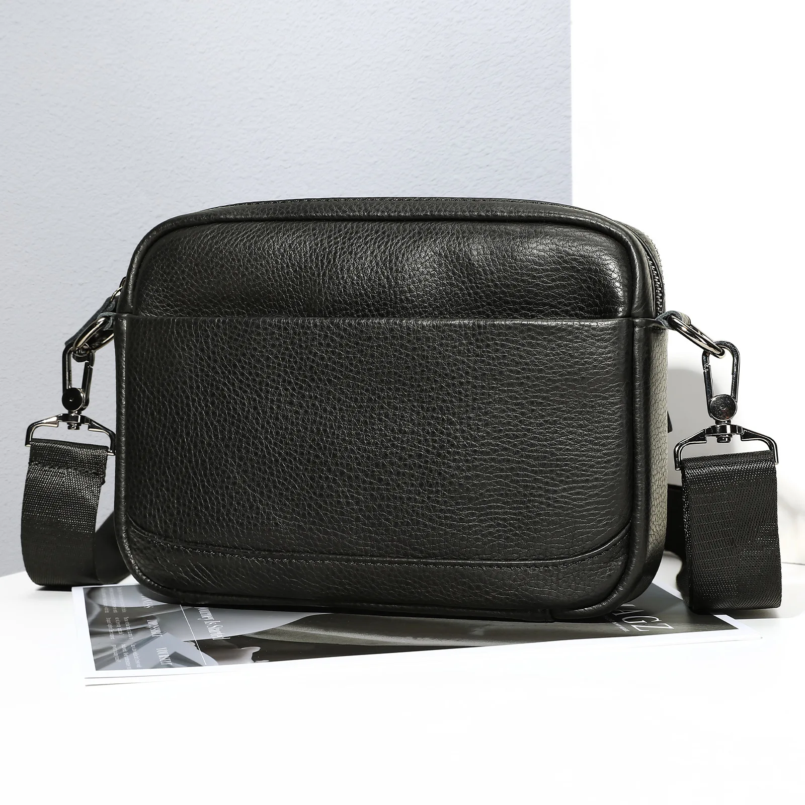 Classic Men Genuine Leather Sling Bag Crossbody Shoulder With Front Pocket Zipper Closure Cowhide Handbag For Business Work