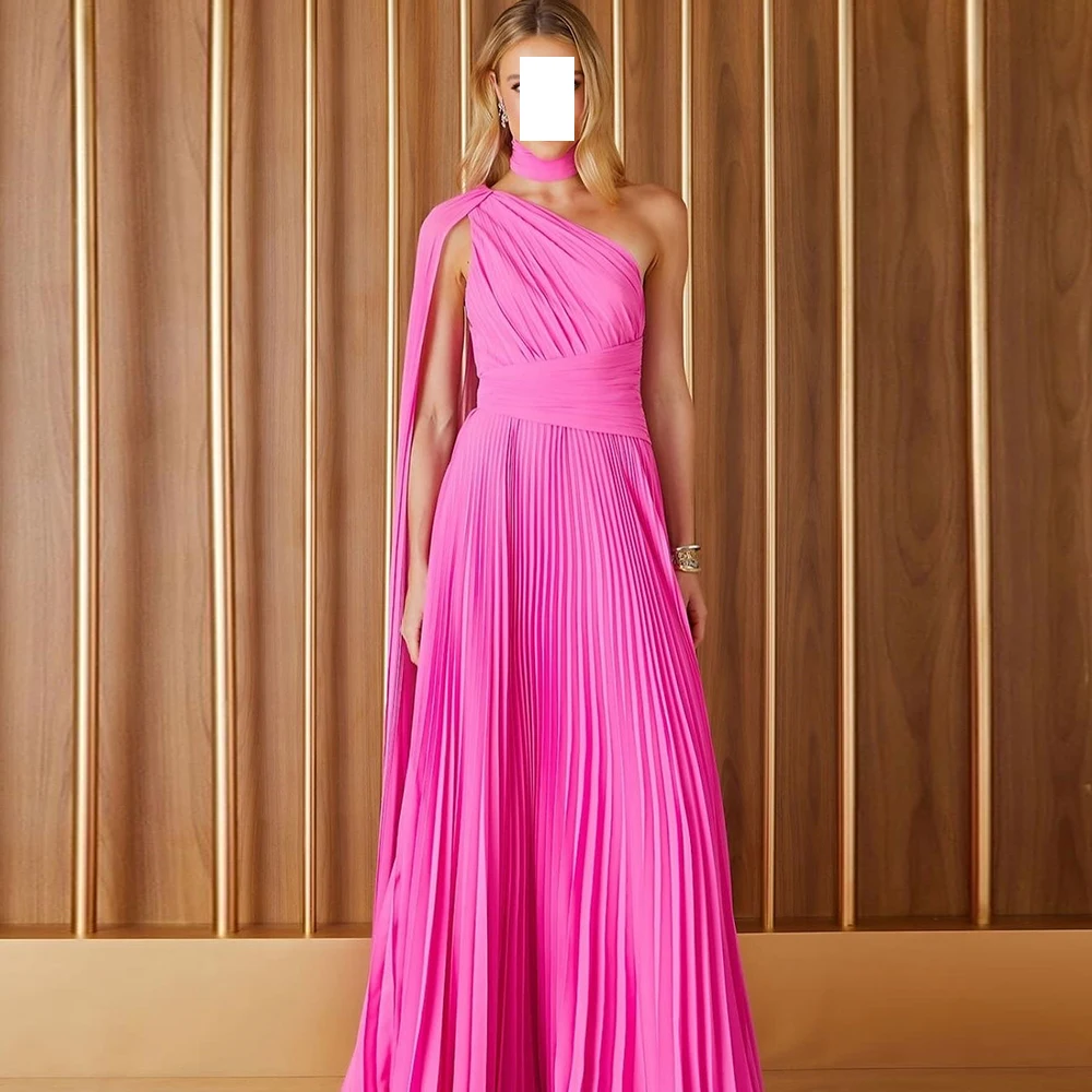 

Elegant Party Dresses Woman 2024 Halter Shawl Sleeveless A-Lie One Shoulder Sleeveless Pleats Solid Pink Floor