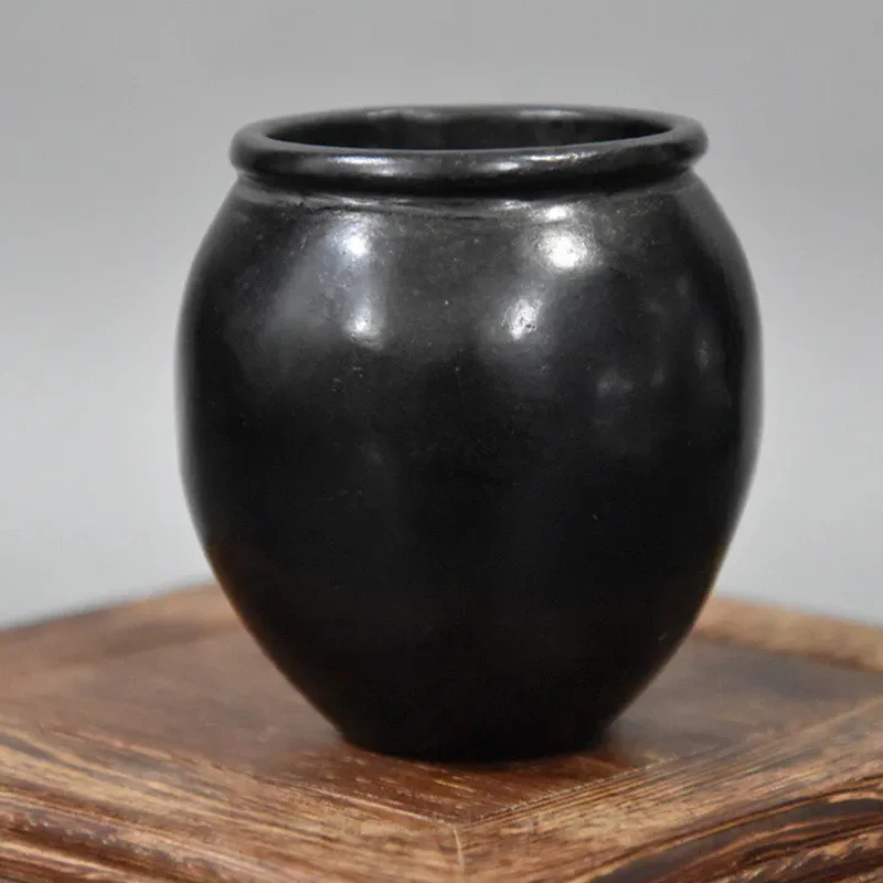 Traditional Chinese Large Energy Raw Stone, Black Iron Stone Pure Handmade Small Jars Incense Stoves Decorative Gifts Collection