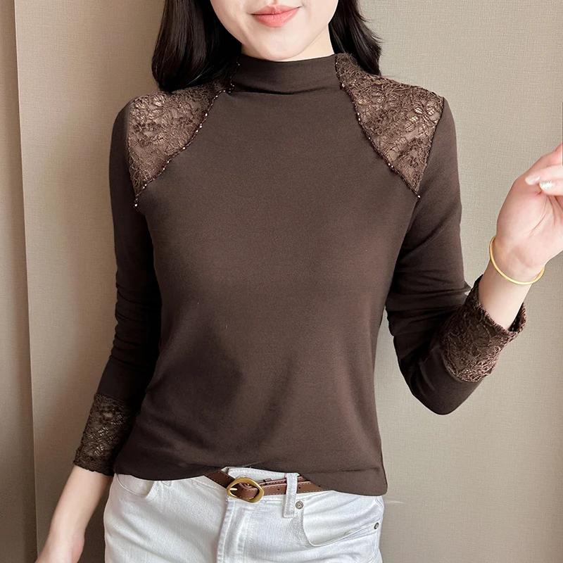 تي شيرت نسائي قطني مجوف من الدانتيل برقبة وهمية وأكمام طويلة تي شيرت موضة 2025 بقصة ضيقة أنيقة أساسية للارتداء اليومي غير الرسمي #1