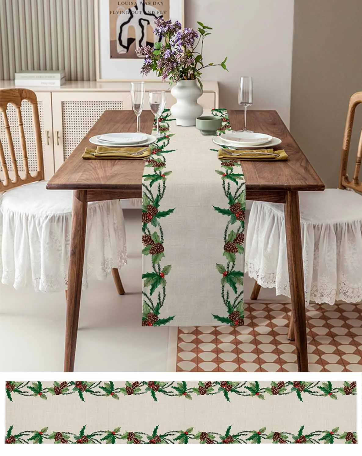 Christmas Plant Berries Pine Cones Table Runner for Dining Table Wedding Decoration Tablecloth Home Decor Table Runner