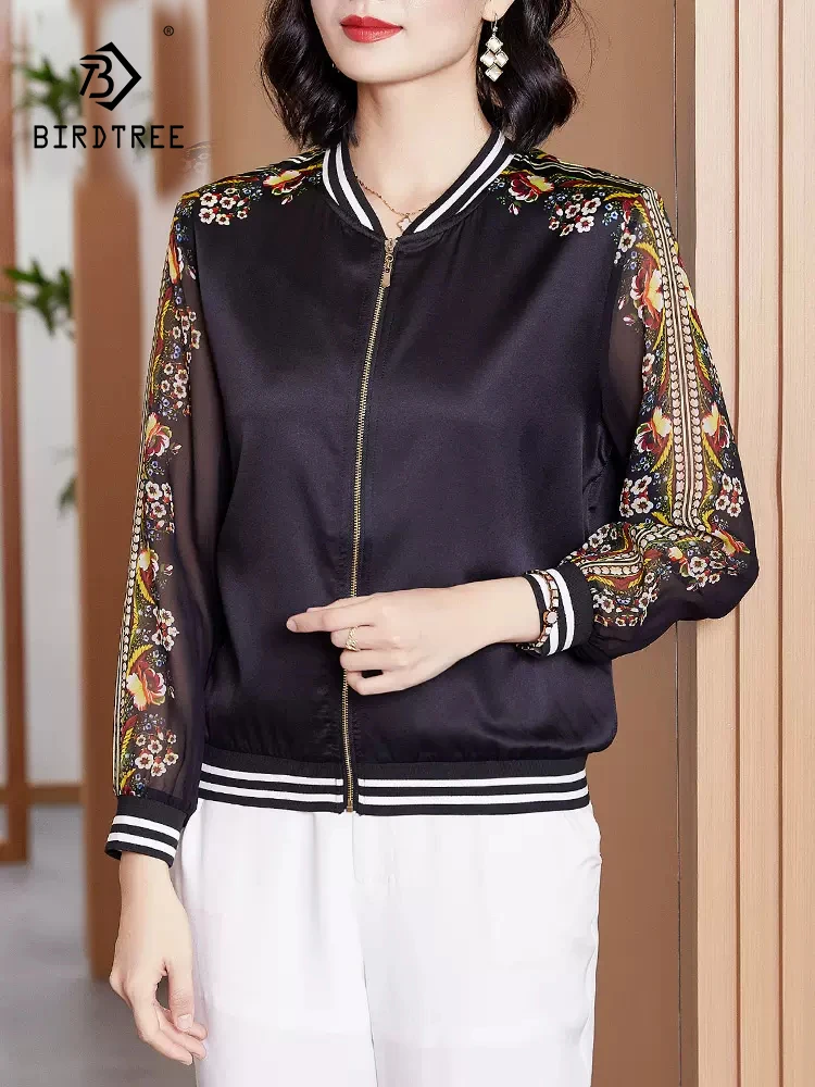 

BirdTree 91%Real Silk Elegant Jacket For Women, Long Sleeve Stand, Printed Fashion OL Commute Coat, 2024 Spring New C42353QC