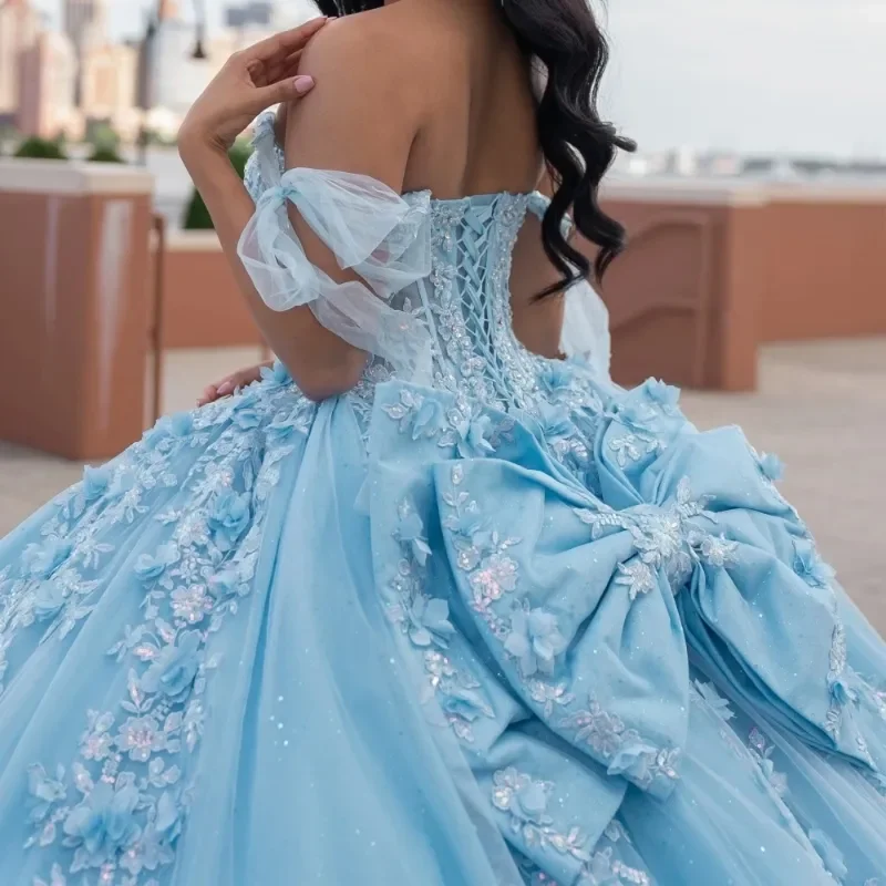 Sky Blue Vestidos De 15 Quinceañera Floral Applique Beading Off The Shoulder Ball Gown Tull Corset Sweet Customized Prom Gowns