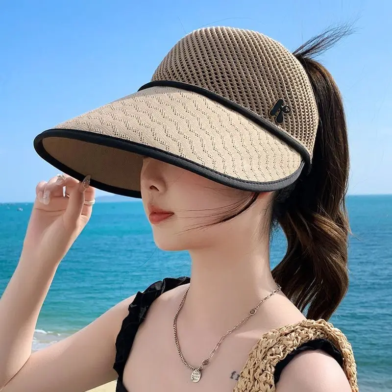 Damen Sommer Atmungsaktive Mesh-Kappe Outdoor Strand Fischerhut Sonnenschutz UV-Schutz Kappe mit Großer Krempe Offener Sonnenhut