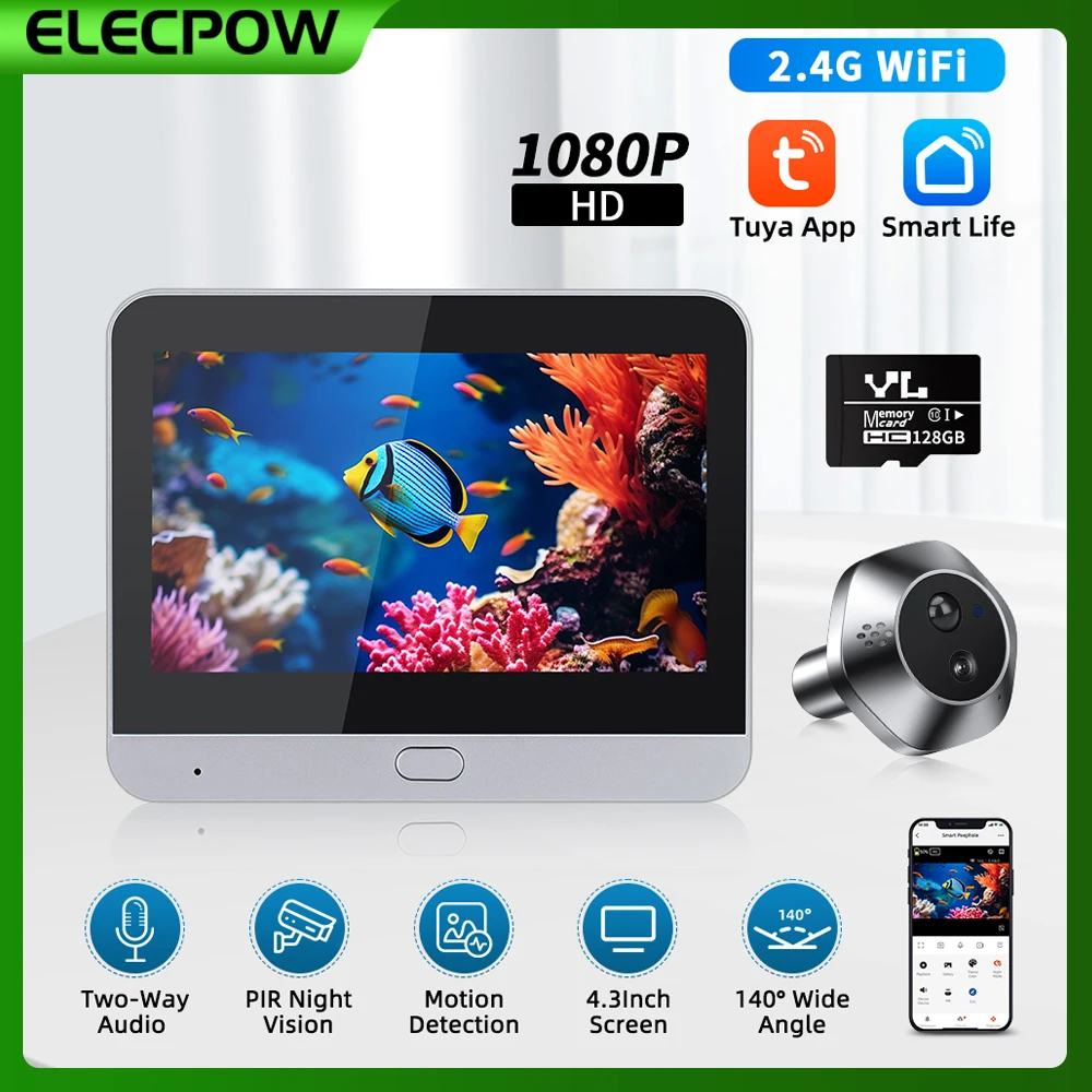 Elecpow New 1080P Tuya Peephole Camera Smart Home  WiFi Doorbell Camera PIR Night Vision Motion Detection Digital Door Viewer