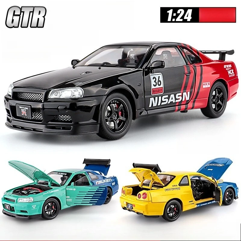 1:24 GTR R34 Alloy Models Sports Car Diecast Toys Doors Opened Sound Light Pull Back Vehices for Birthday Gifts