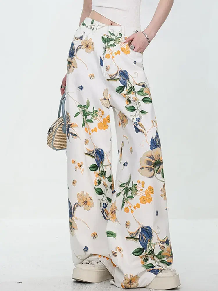 

China-Chic Vintage Flower Printed Jeans for Men and Women Spring and Autumn 2025 New Loose Draping Wide Leg Floor Pants