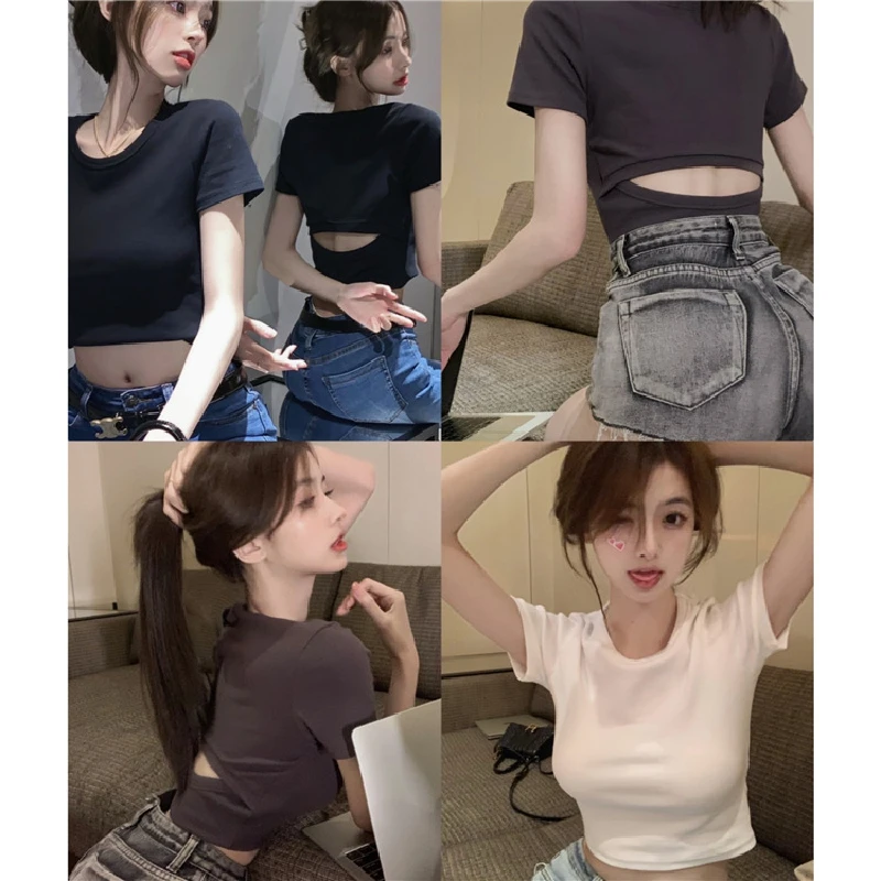 Sexy Short Sleeve T-Shirt Backless Hollow out Design Guangzhou Thirteenth Factory Women's High End European Style Top Summer