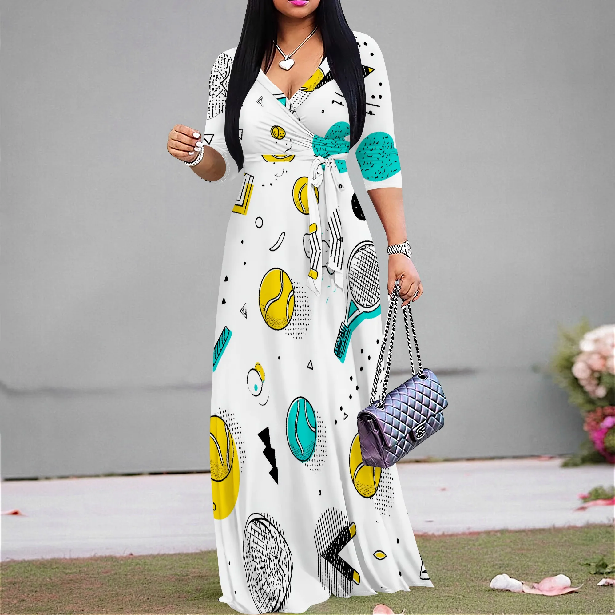

Tennis Print Maxi Dress S-3XL V-Neck Wrap Belted 3/4 Sleeve for Sports Party, Summer Brunch or Casual Day Look