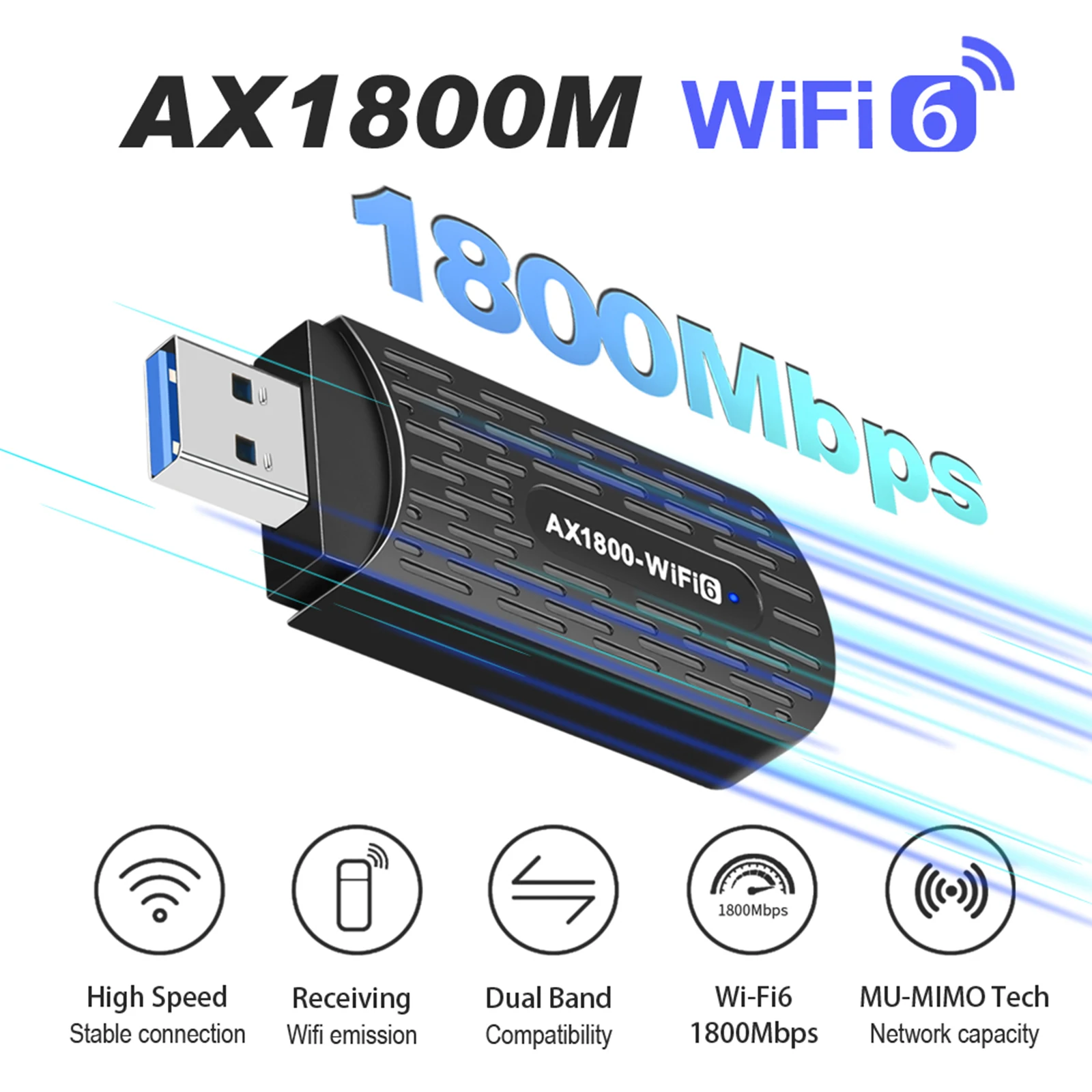 

Адаптер USB WiFi 6 мощностью 1800 Мбит/с с двухдиапазонной беспроводной USB-сетевой картой 5 ГГц/2,4 ГГц, интернет-карта Plug & Play без драйверов