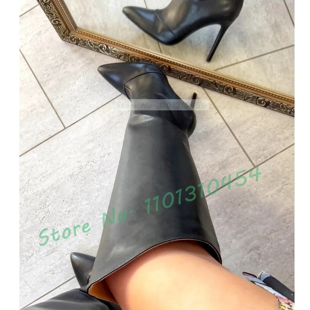 Beveled Leather Knee-high Boots Women Elegant Pointy Toe Black Stiletto High Heels Boots Ladies Winter Big Size Feminine Shoes