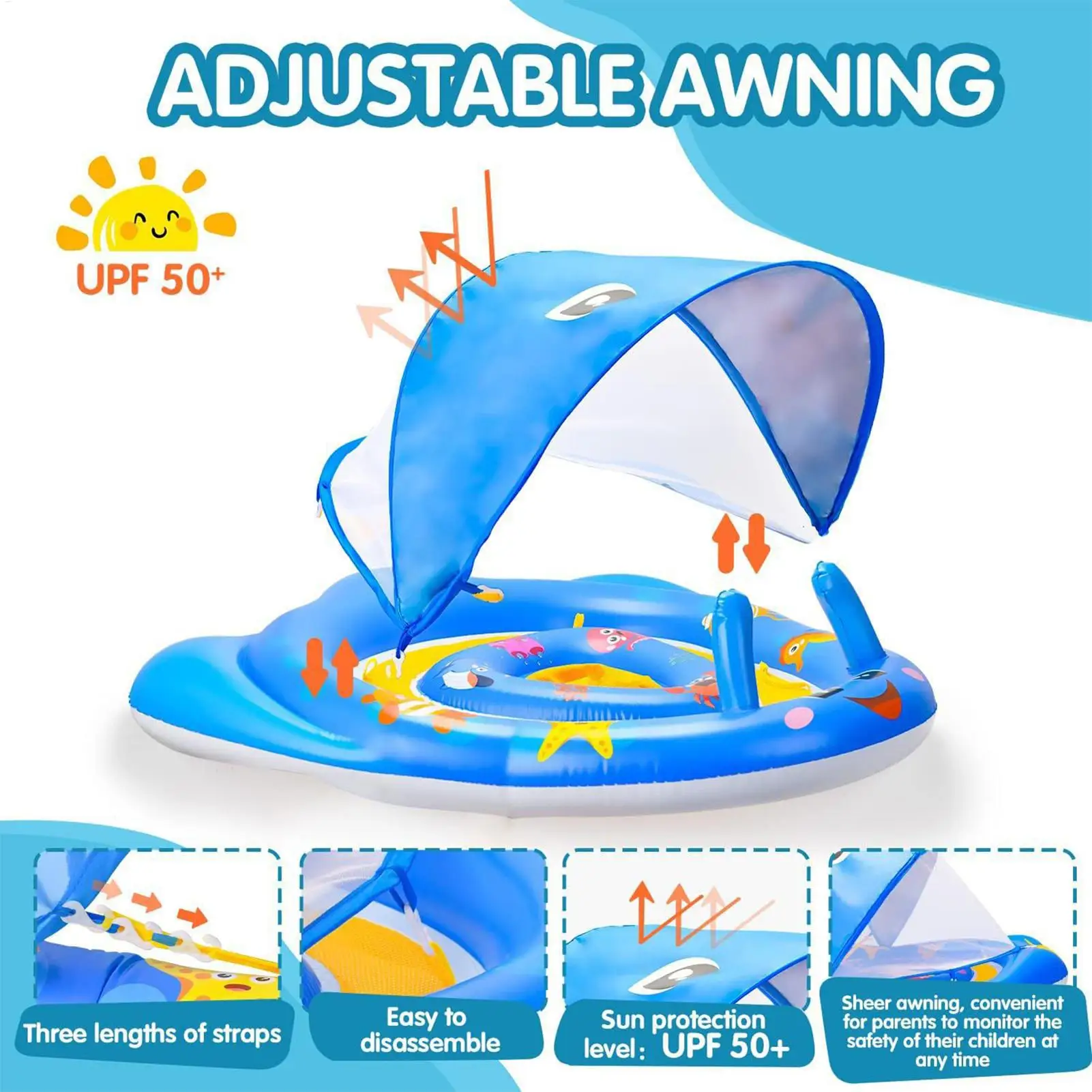 Cerchi da nuoto per bambini con baldacchino parasole Anello galleggiante gonfiabile Piscina estiva Giochi d'acqua Attrezzatura da nuoto per bambini Sport acquatici
