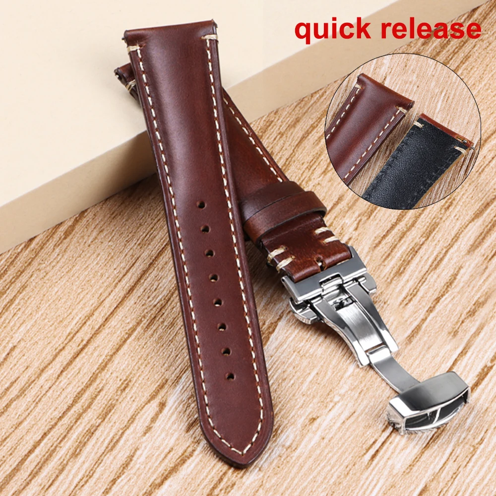Genuine Oil Wax Leather Watch Strap 20mm 22mm 24mm Bands Quick Release Vintage Yellow Watchband Wristband Men Women Accessories