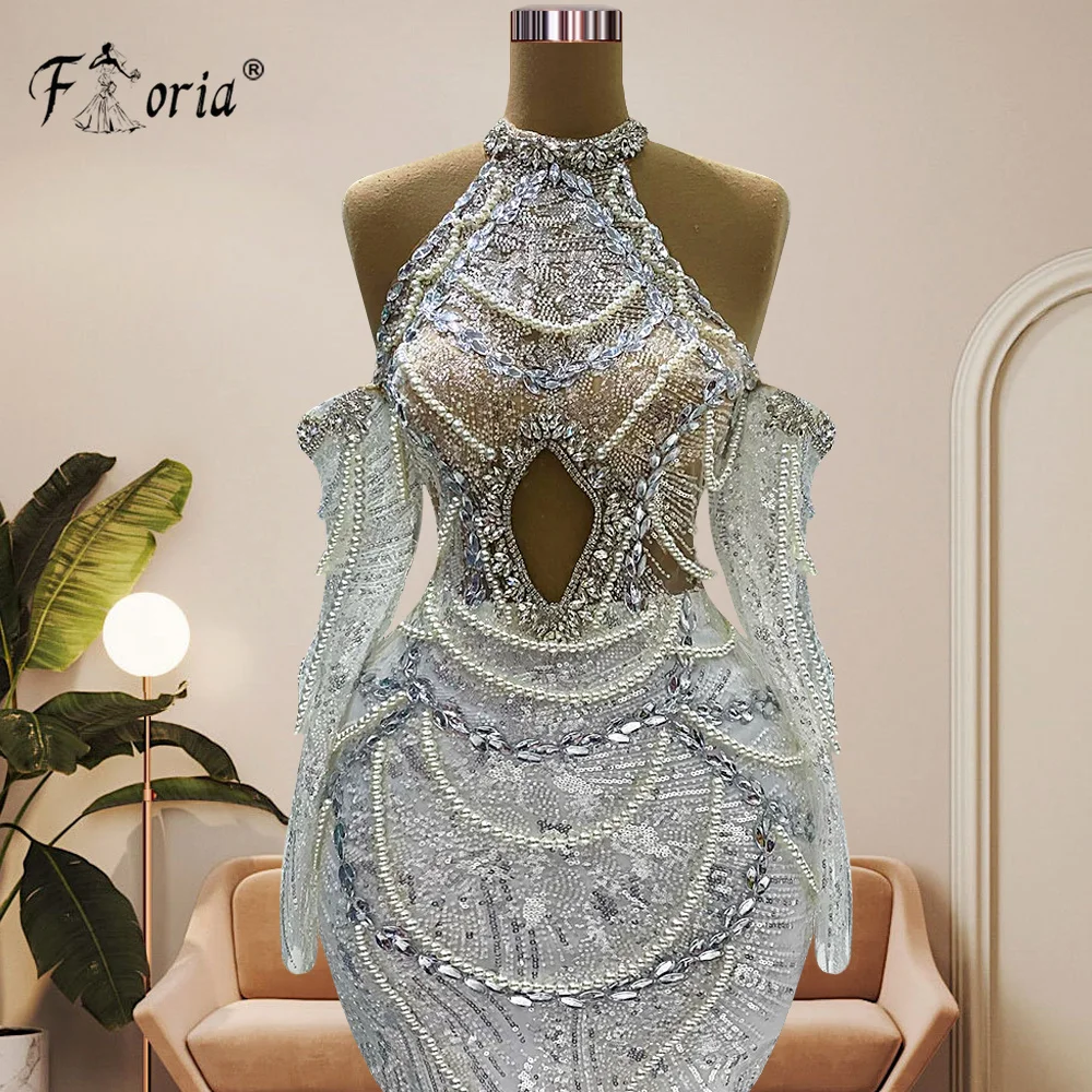 Elegant Pearls Beaded Evening Dress White Mermaid Long Sleeve Floor Length See Through Off Shoulder Prom Dress Robe De Soiree