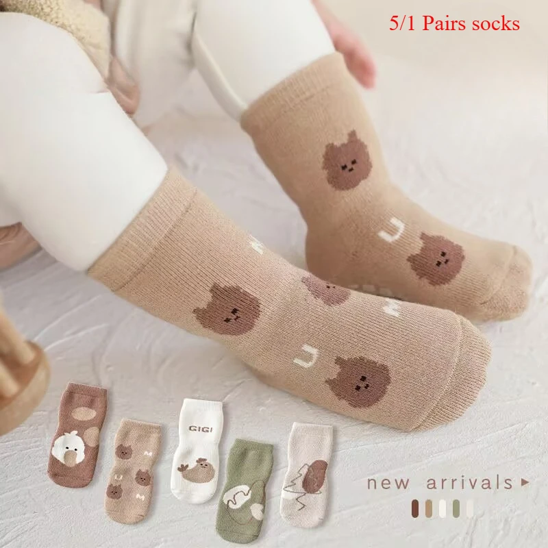 1/5 PCS New Baby Toddler Anti-SlipThermal Socks Mid Calf Indoor Cartoon Grip Silicone Soles Non Skid First Walker Christmas gift