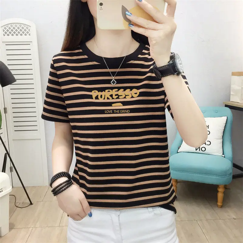 

Summer 2026 Trendy Striped Short Sleeve T-Shirt Loose plus Size Women's Fashion Top Mom Clothes Middle-Aged plus Size Ladies'...
