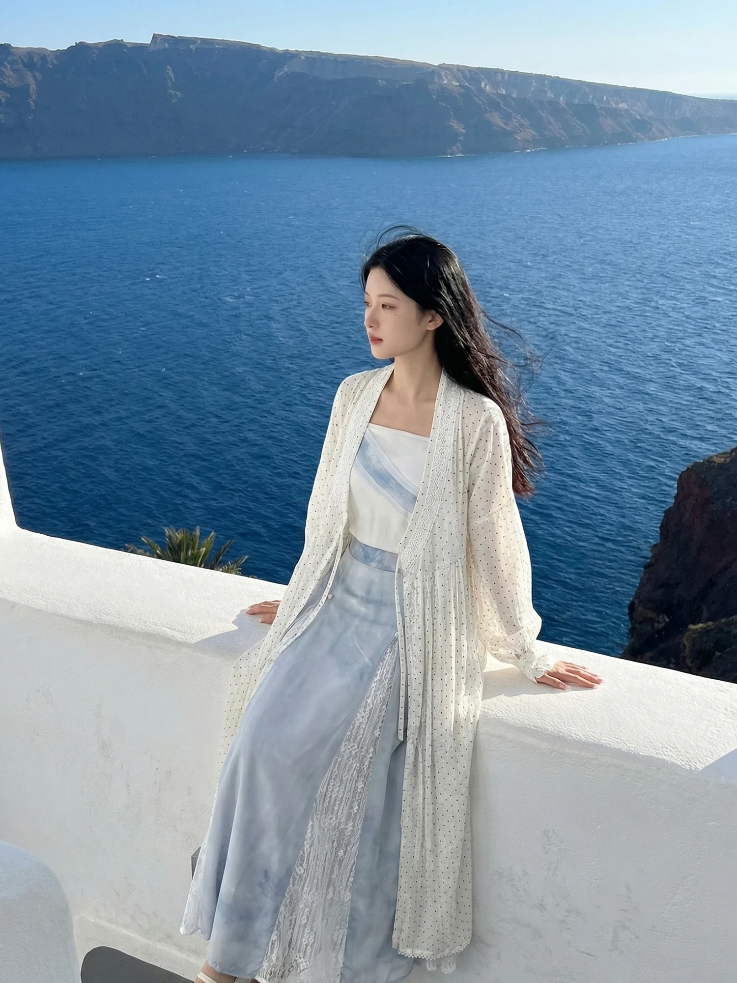 

Оригинальное шелковое платье Ханьфу в стиле династии Мин с принтом в горошек, универсальное летнее платье с завышенной талией, А-силуэта, с длинными рукавами и V-образным вырезом