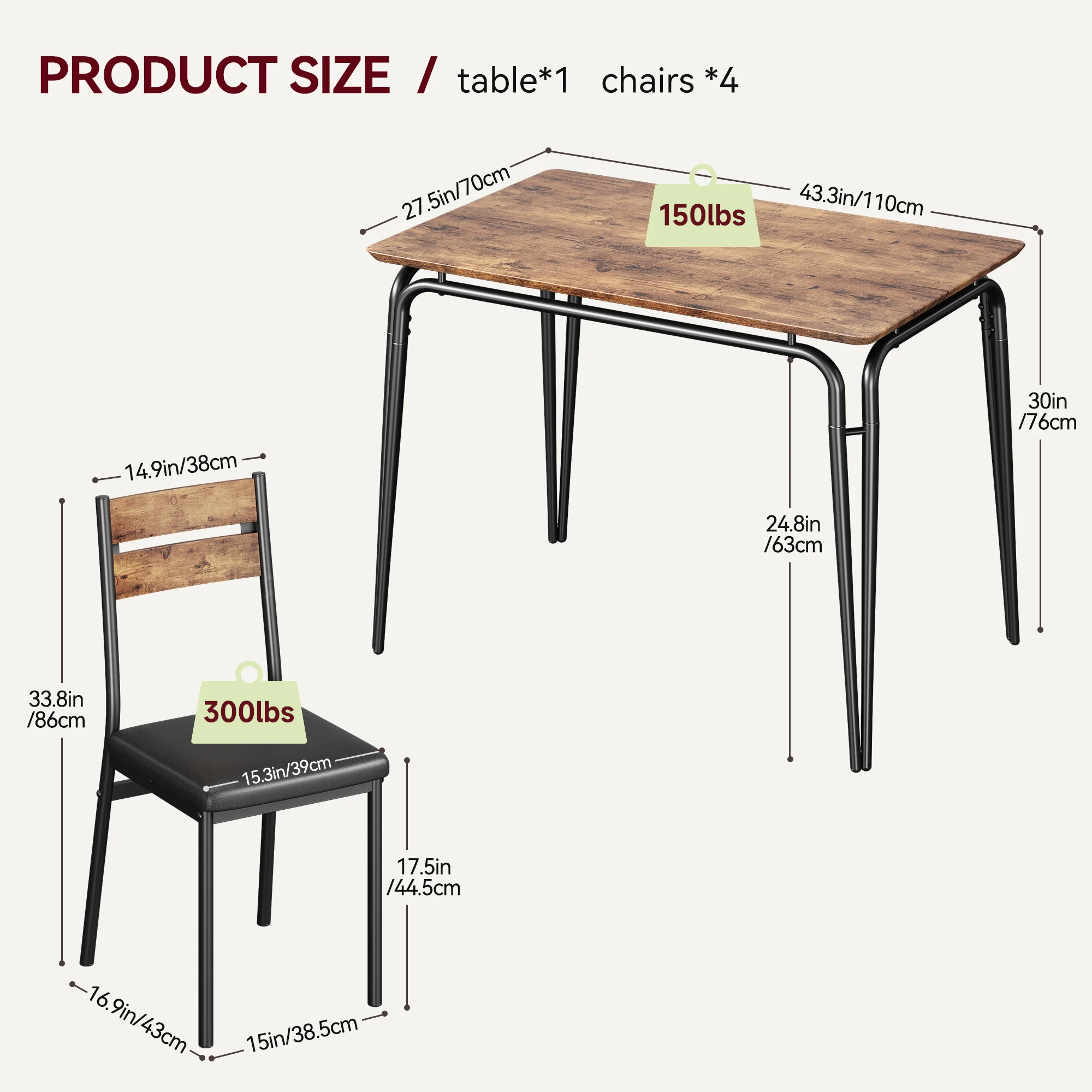 Dining Table Set for 4, 5-Piece Kitchen Table and Chairs, Dining Room Table with PU Leather Chairs, Kitchen Table Set for Small Spaces