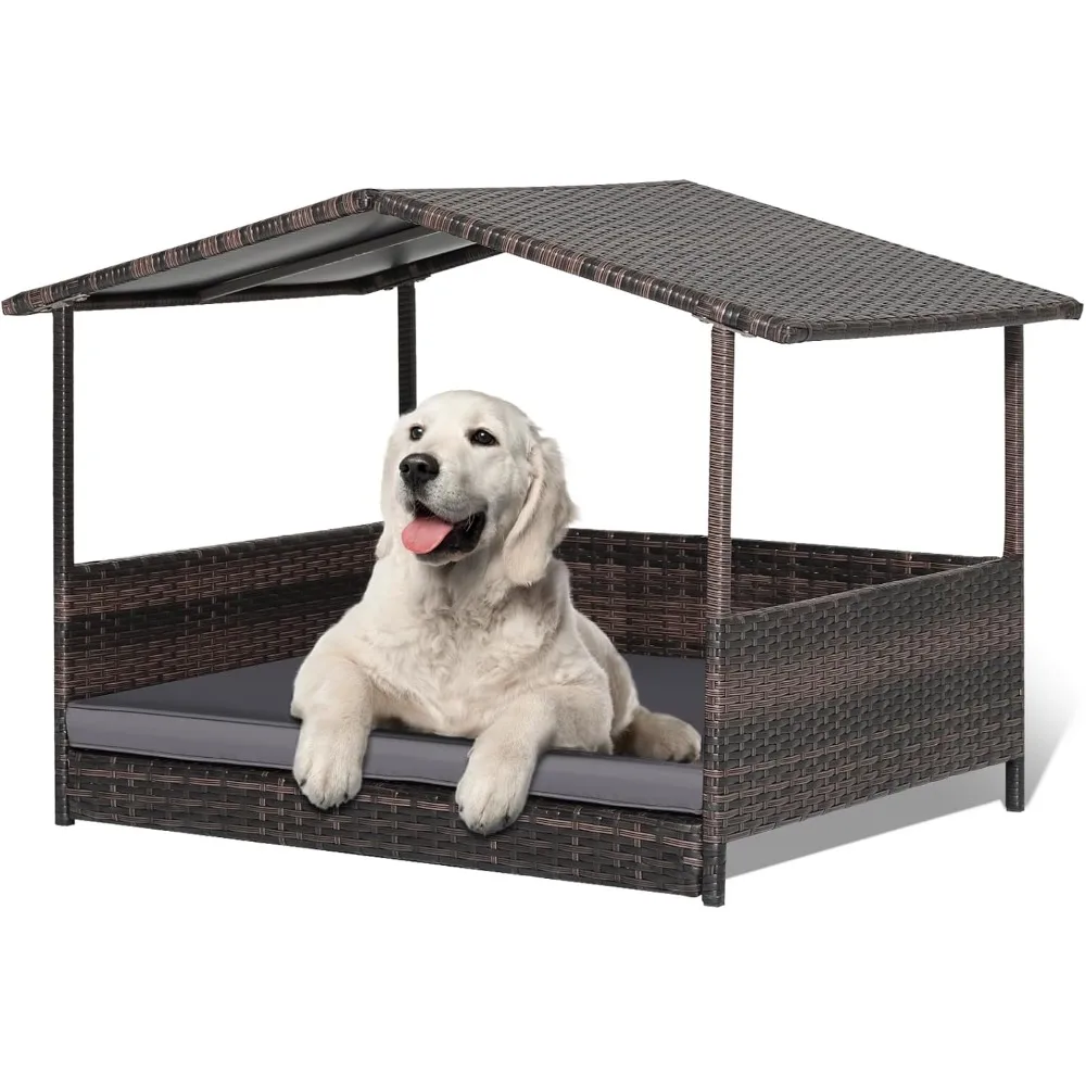 

Wicker Dog Bed House, Indoor OutdoorRattan Dog Houses, Raised Dog Cot Pet House, Elevated Pets Sofa w/Washable Cover.