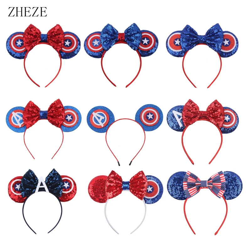 

10Pcs/Lot 4th Of July Mouse Ears Headband For Women Sequin Bow Hairband Girls DIY Hair Accessories Festival Headwear Mujer