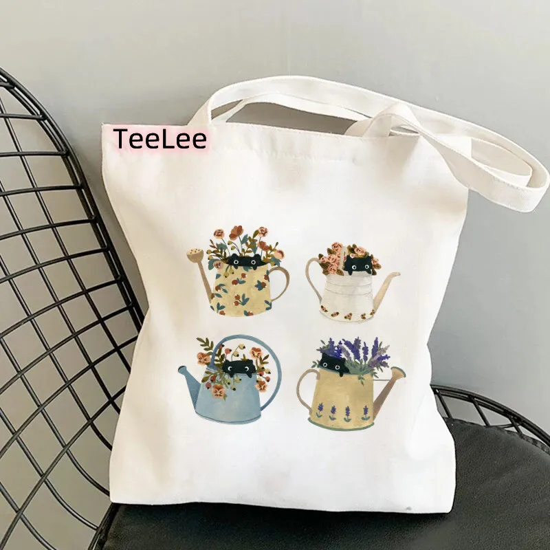 Cats Canvas Tote Bag Shopper Bag Animal Bee Handbag Fashion Casual Large Capacity Cute Cartoon Letters Printing Shoulder Bag