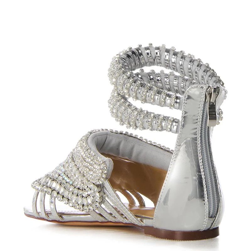 Big Size 47 Luxurious Silver Diamonds Flat Sandals Women Back  Zipper Flat Heels Girls Summer Shoes Roman Styles Footwear