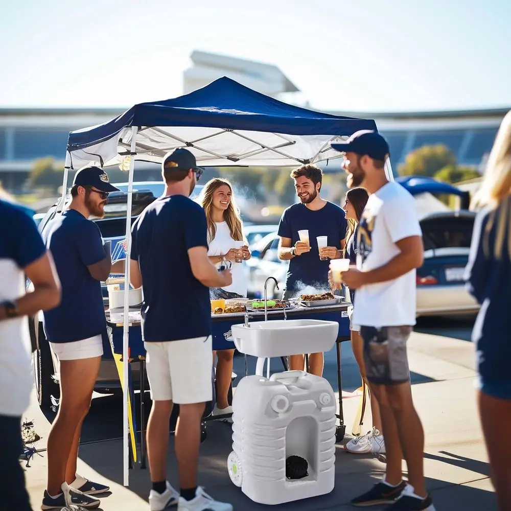45L draagbaar gootsteen handwasstation met voetpomp en wiel 12 gallon campinggootsteen met zeepdispenser voor het wassen van handen, fruit I