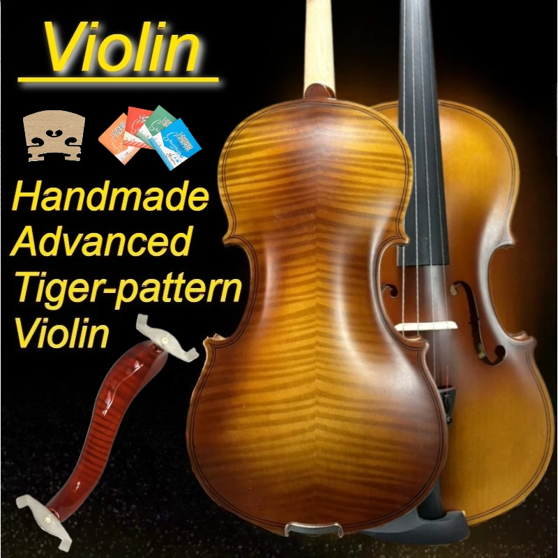 Violino Artesanal 4/4 com Padrão Tigre para Performance Solo, com Arco, Estojo, Cordas, Pontes, Afinador e Suporte de Ombro
