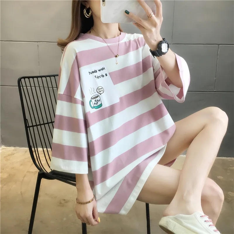 Y2K New Summer Women Half Sleeve Tops Tees INS Fashion Casual Loose Striped Crop T-shirt O-neck Cotton Ladies Pullover Tshirts