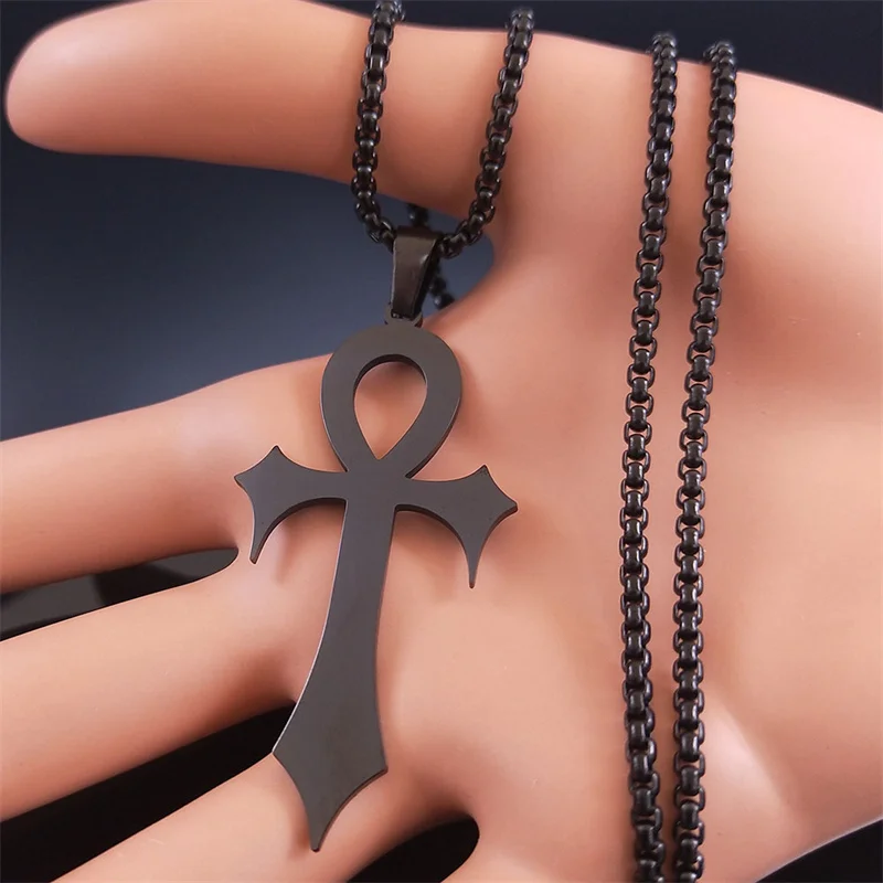 Goth Ägyptisches Kreuz Ankh Schlüssel des Lebens Halskette Edelstahl Schwarz Farbe Amulett Religiöse Halsketten Gothic Schmuck Geschenk N8582 – Detail 8