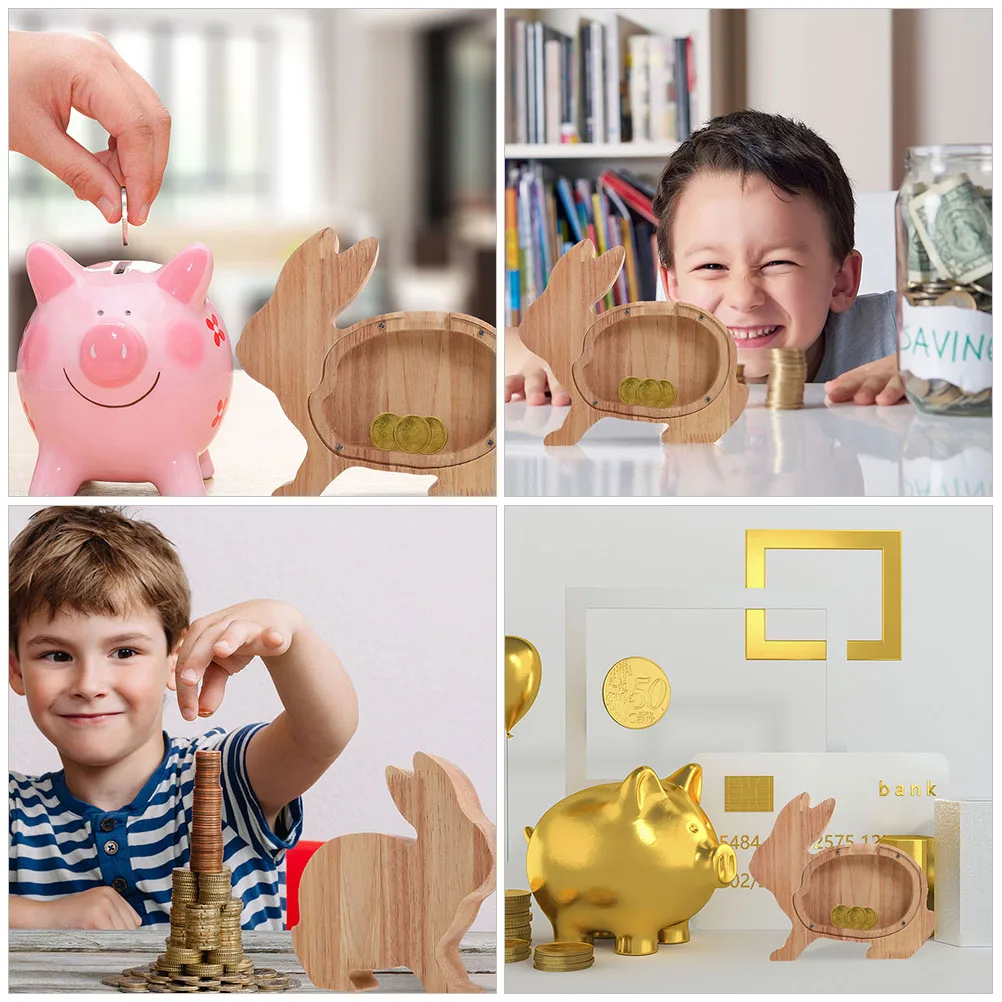 حصالة على شكل حيوان خشبي على شكل أرنب إبداعي للعملات المعدنية، هدية عيد ميلاد للأطفال، صندوق توفير المال، صندوق توفير المال على شكل حيوان