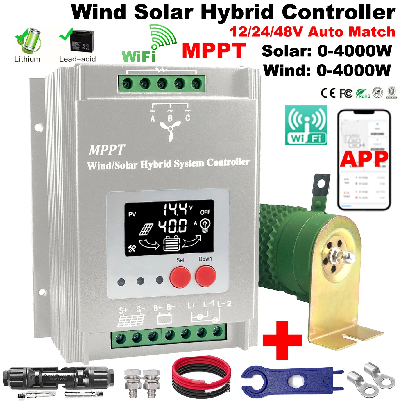 8000W MPPT Hybrid Solar Wind Charge Controller 12V 24V 48V PV Wind Turbine WIFI Regulator For Lifepo4 Lithium Lead Acid Battery