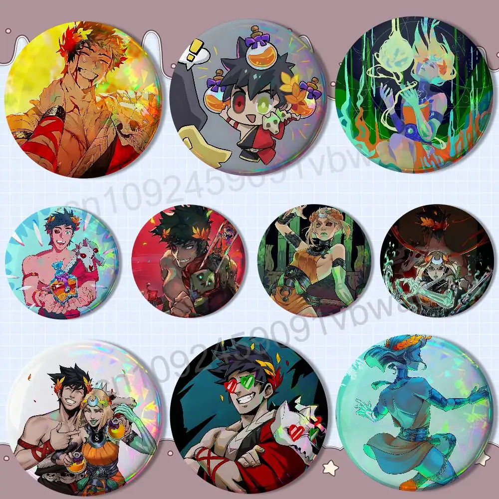 

Zagreus Melinoe Hades Reflective Pin Tinplate Round Brooch Cartoon Cosplay Badges for Bag Hat Toys Gifts