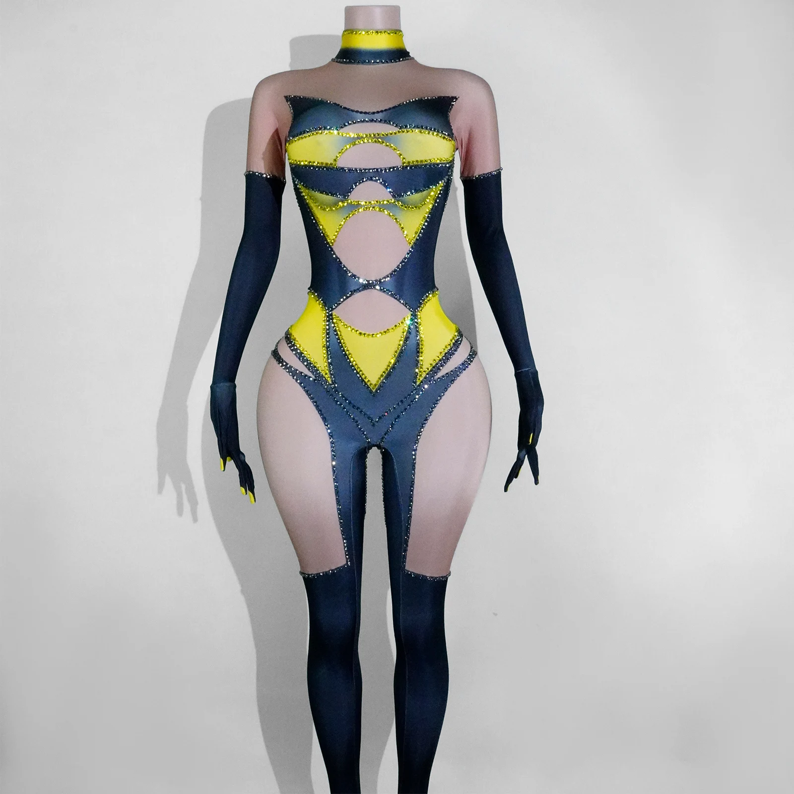 

Sexy Bee Print Rhinestone Black Jumpsuit Rave Carnival Performance Costume Stage Dance Singer Nightclub Party Drag Queen Outfit