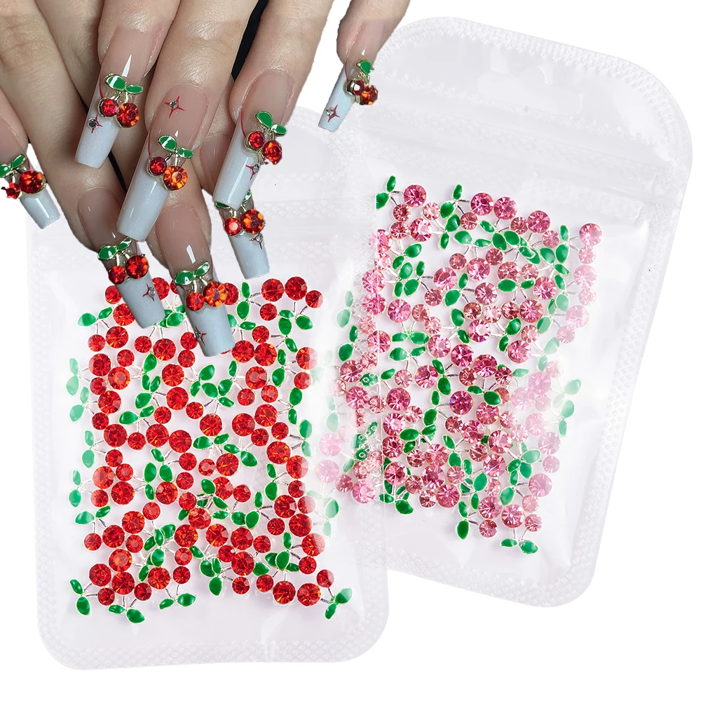 20pcs/Bag 3D Shiny Cherry Nail Charms Flatback Alloy Pink/Red Gems Crystal Nail Art Decorations DIY Kawaii Cherry HairpinPendent