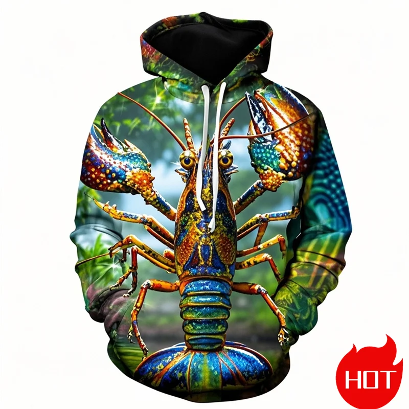 Autumn New 3D Printed Cute Animal Shrimp Hoodies Seafood Lobster Graphic Hooded Sweatshirts Kid Funny Pullover Mens Clothing Top