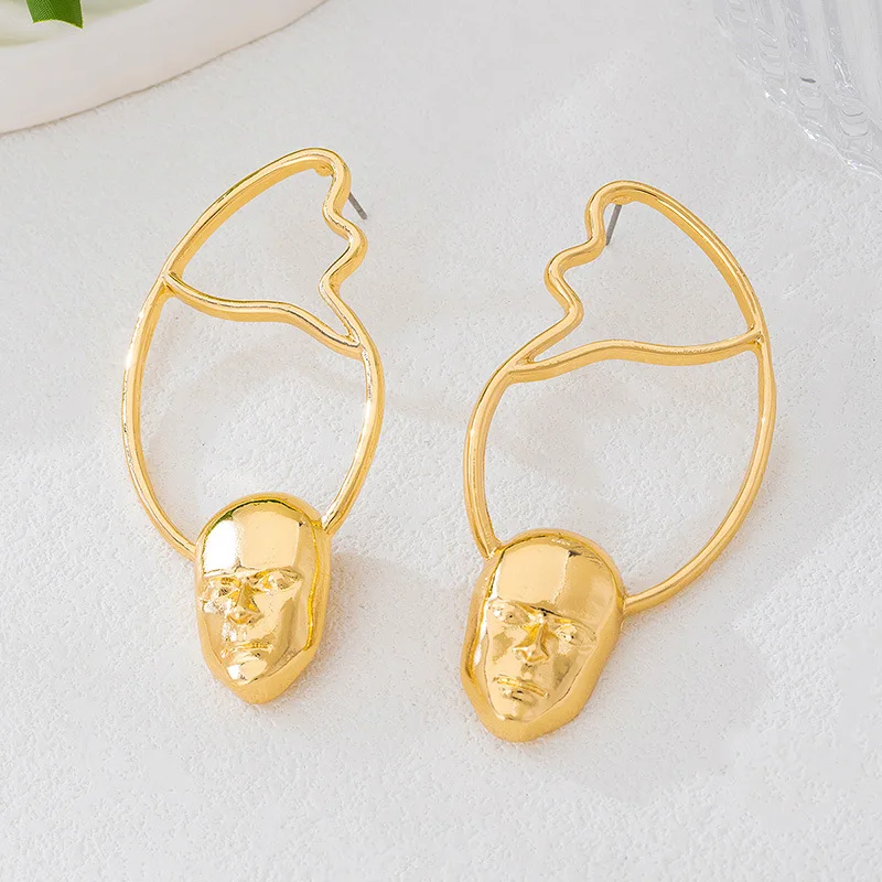 Women Modern Double Layer Face Silhouette Dangle Earrings Gold Tone Art Abstract Trendy Accessories
