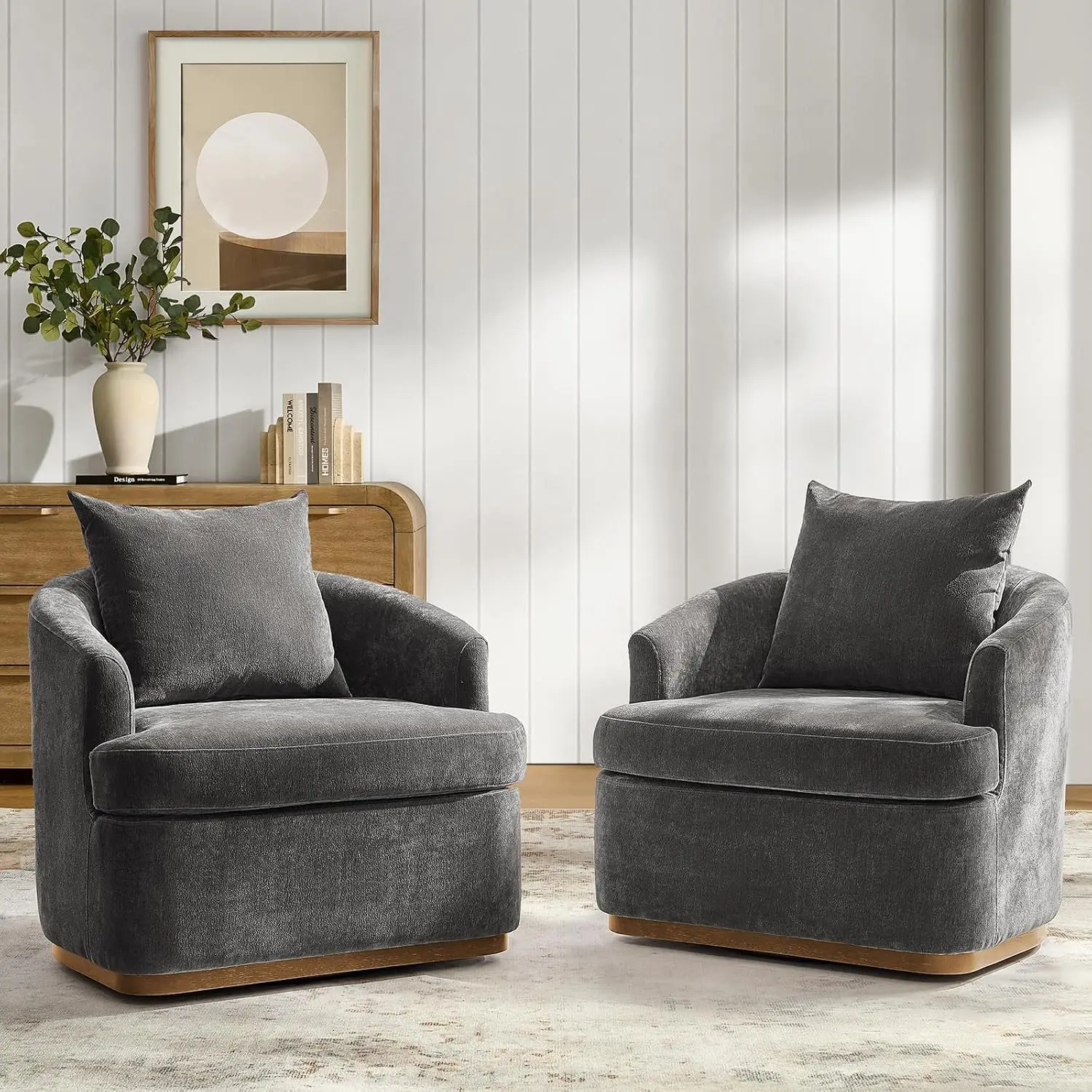 Modern Swivel Accent Chair Set of 2 with Solid Wood Base, Grey
