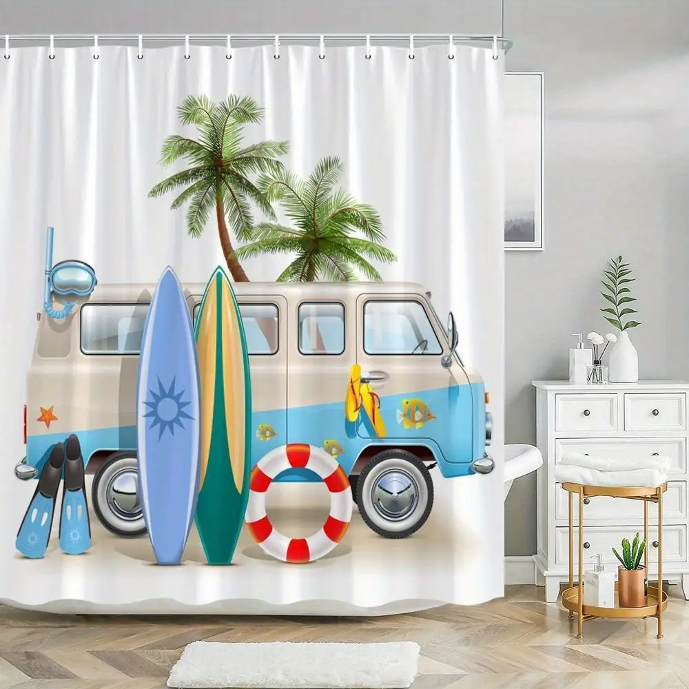 Beach Towel Shower Curtain Waterproof Waterproof Bathroom Shower Curtain Tropical Van Surfboard Coastal Summer Decor Beach Van