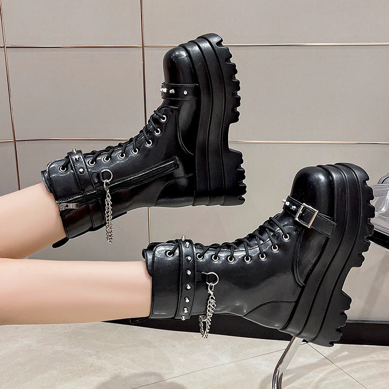 Canvas Chunky Platform Women\'s Boots Autumn Winter Lace-Up Zipper Motorcycle Boots Woman Thick Bottom Non-Slip Ankle Booties