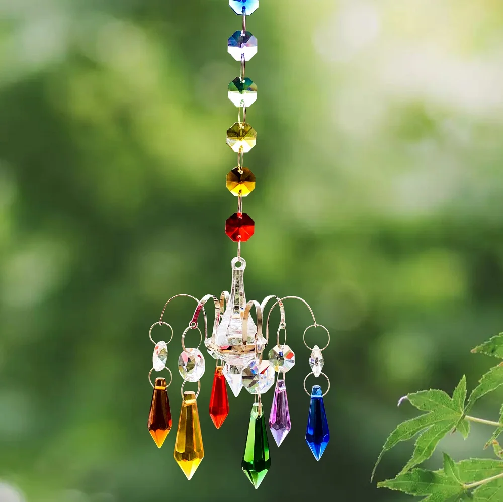 Chakra Crystal Prism Hanging Outdoor Pendant Sun Catcher Chandelier Decoration Rainbow Maker Crafts Home Garden Party Ornament