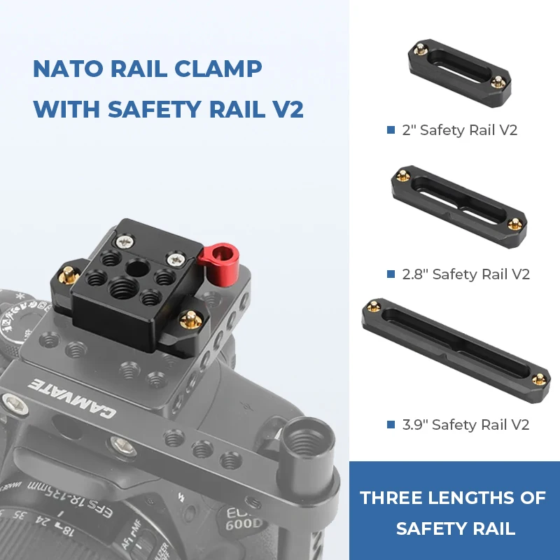 Braçadeira de trilho NATO de liberação rápida para câmera CAMVATE com pinos de trilho de segurança de 2/2.8/3.9 polegadas para acessórios de equipamento de gaiola de câmera