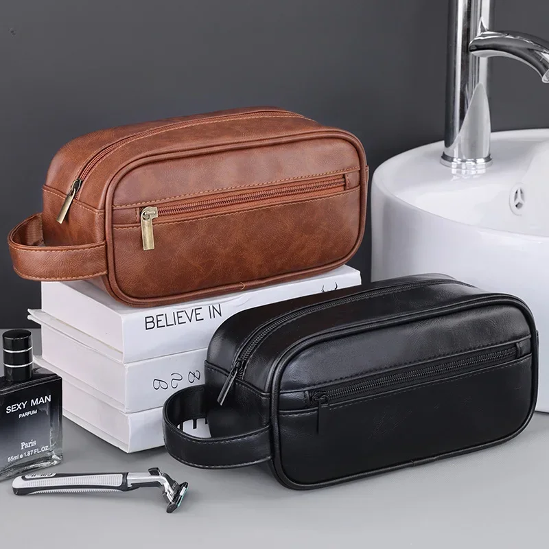 Men Leather Wash Bag Travel Business Trips Portable Cosmetic Bag Large Capacity Multi Pocket Design Handheld Leather Wash Bag