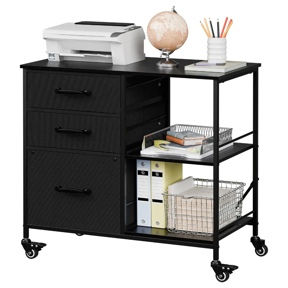 

Mobile File Cabinet with 3 Drawers & Open Shelves Rolling Printer Stand Black