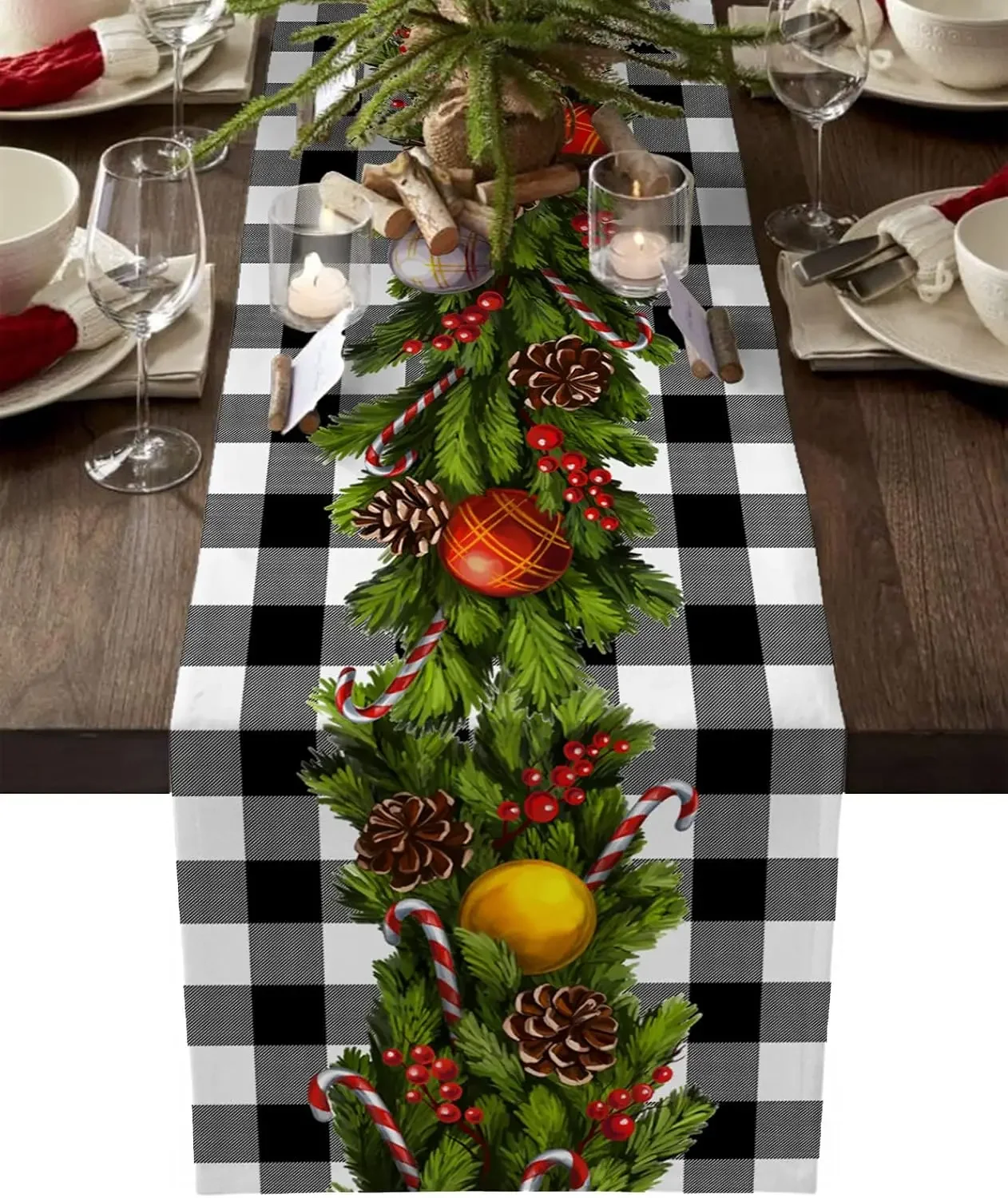 

Christmas Pine Needles Berry Plaid Linen Table Runner Party Decor Winter Xmas Kitchen Dining Table Runners Christmas Decorations