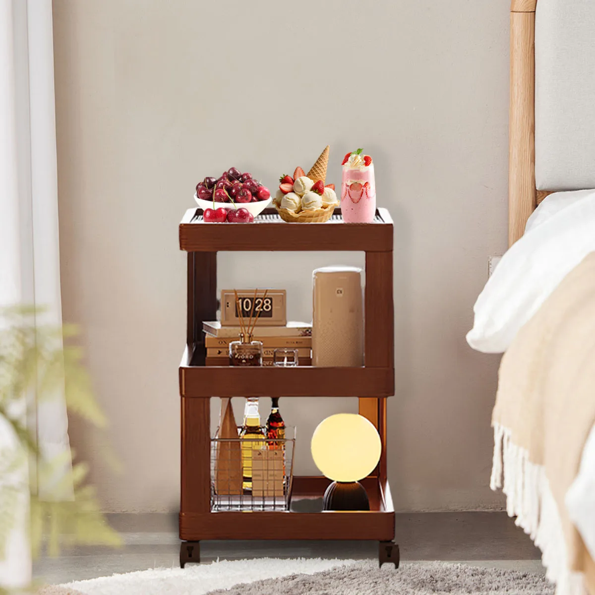 Geometric 3-Tier Bamboo Storage Side Table with Acrylic Surface & Wheels, Tea Brown Living Bedroom Furniture image 4