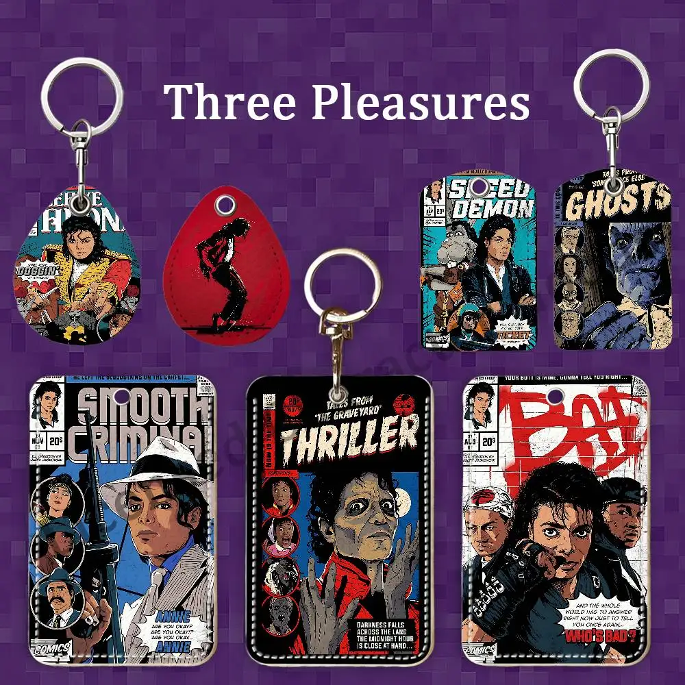 Leather Keychain Badge Holder with Lanyard - ID/Access Card Holder, Key Ring Accessory For Credit M-MichaelES Comics J-JacksonES