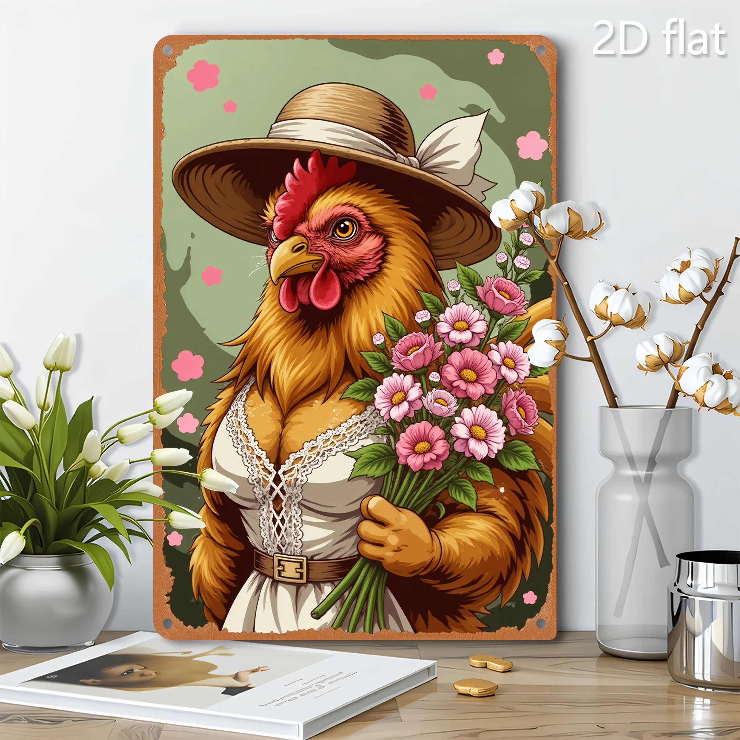 Vintage-Style Rooster Wall Art,  Iron Metal Sign with Straw Hat & Floral Design, Rustic Home Decor for Indoor/Outdoor, Holiday