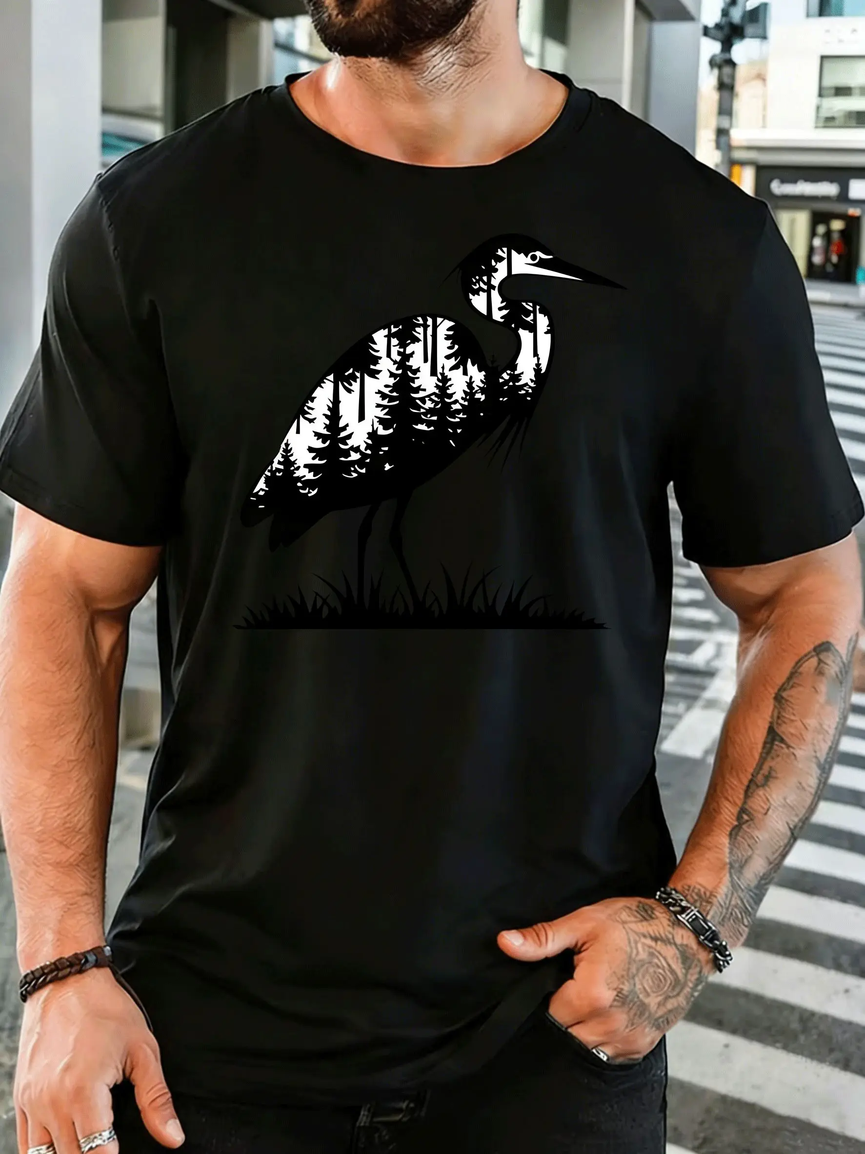 Men Short Sleeve T Shirt Heron Graphic Tee Forest Silhouette Print Tops Summer Soft Cotton Casual Street Wear For Adult Male